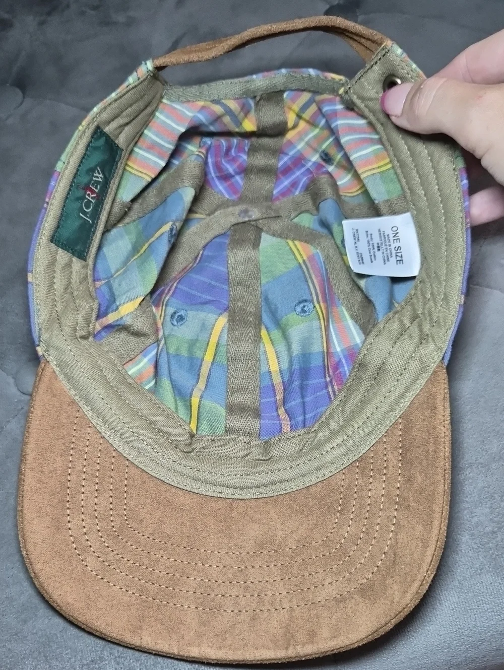 J. Crew Pastel Plaid Cap with Brown Suede Strap 70s